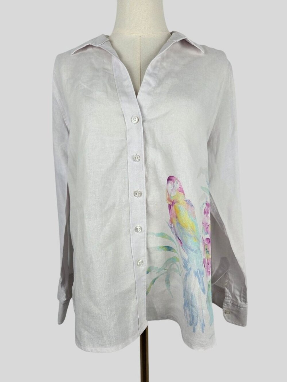 Tommy Bahama Hand Painted Parrot Linen Shirt Sz S Tropical Coastal Resort Boho